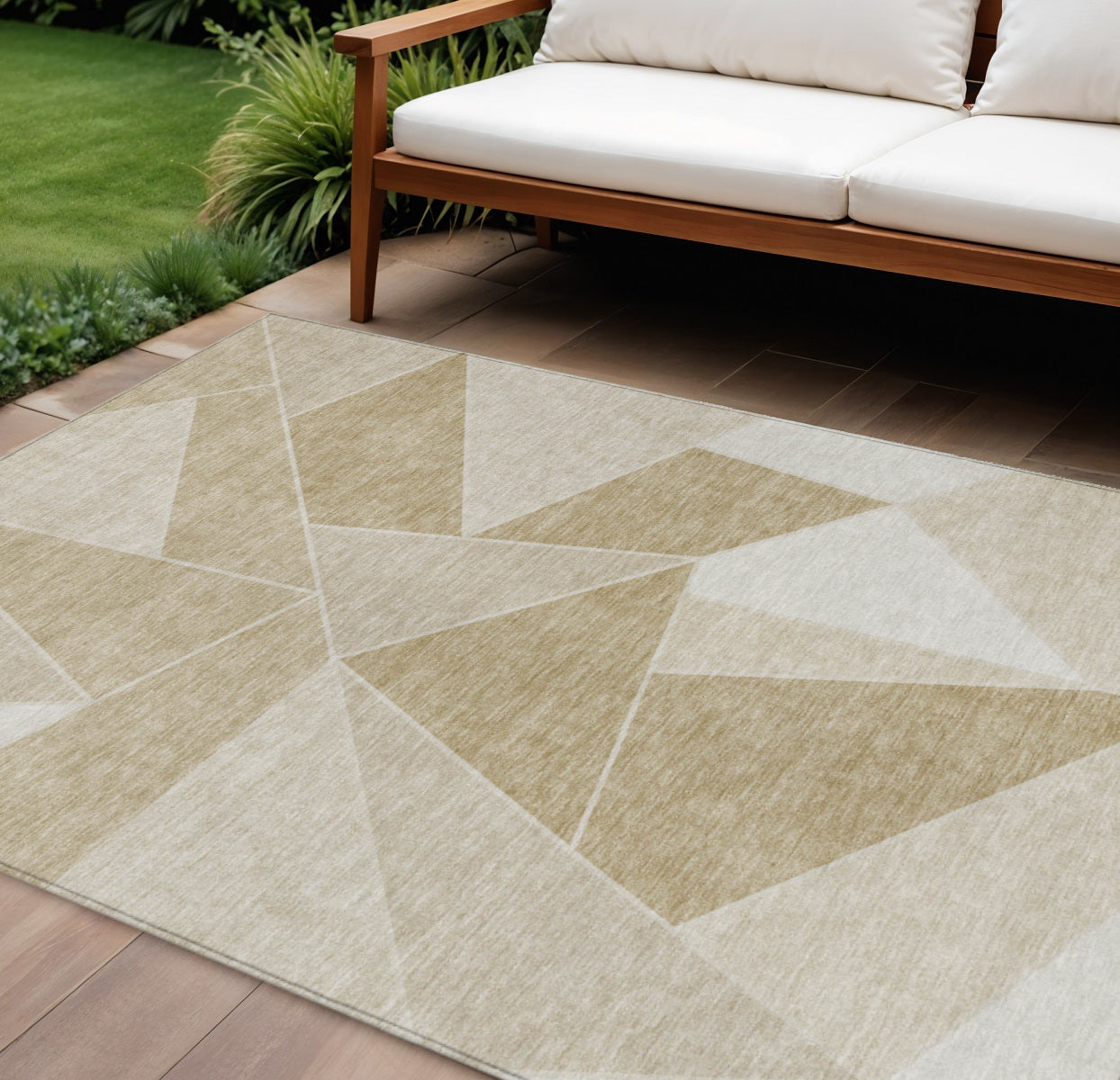 9' X 12' Beige Tan And Ivory Geometric Washable Indoor Outdoor Area Rug