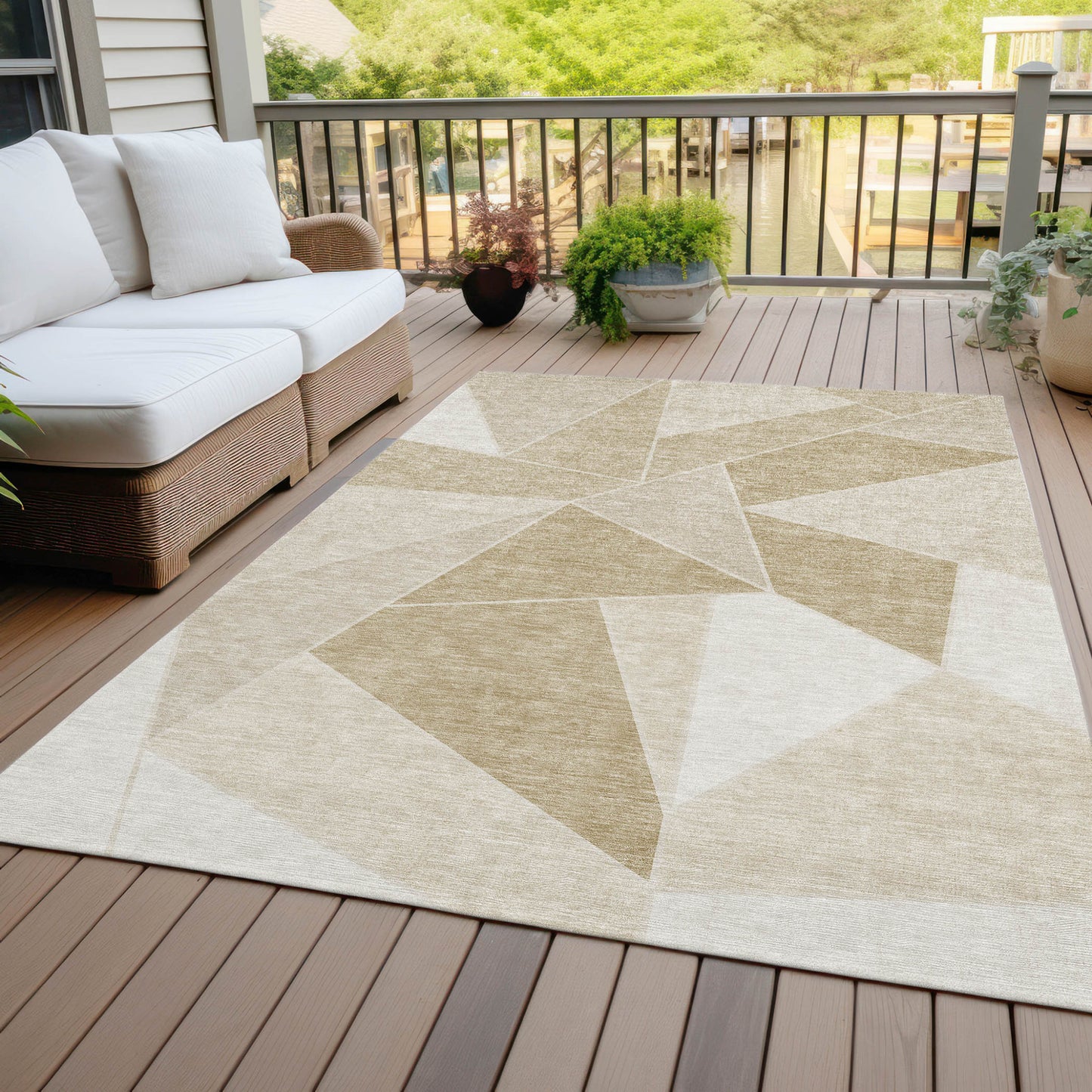 9' X 12' Beige Tan And Ivory Geometric Washable Indoor Outdoor Area Rug