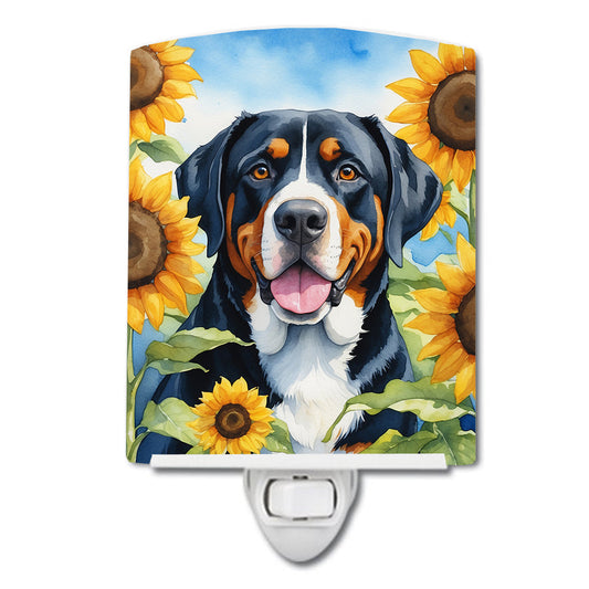 Greater Swiss Mountain Dog in Sunflowers Ceramic Night Light